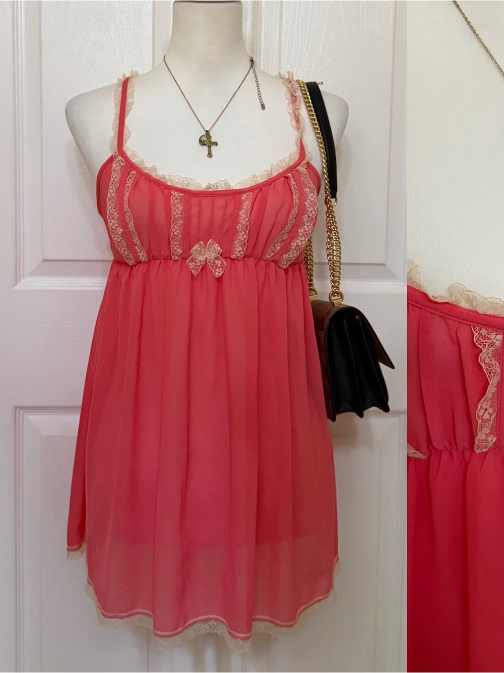 2000s vintage whimsical lace trim bow detail babydoll lingerie slip dress